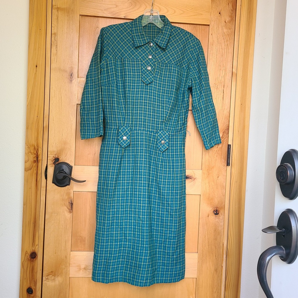 Vintage Handmade Sz L Blue Green Plaid Midi Dress Collar Cottagecore Prairie - Picture 2 of 10